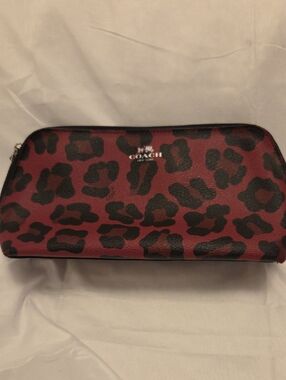 Coach Burgundy and Black Leopard Print Zip Cosmetic Pouch